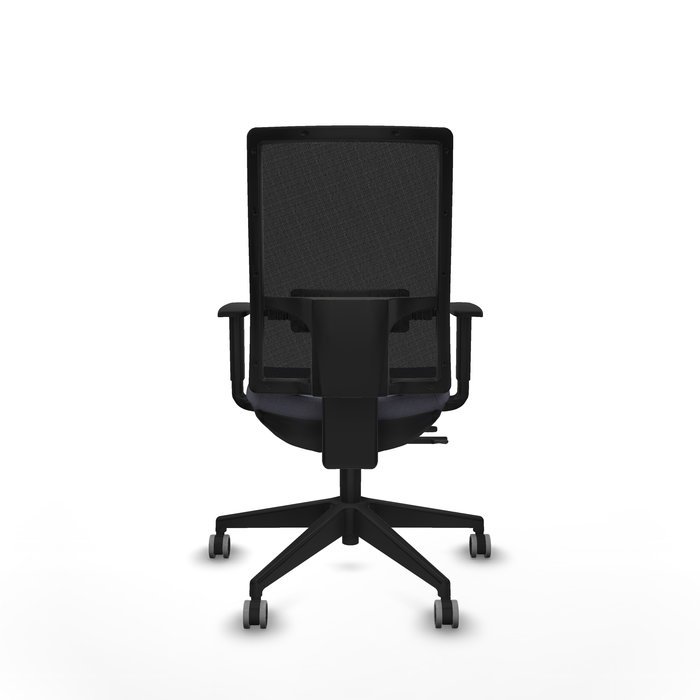 Silla de oficina Horna con mecanismo Sincro/Traslack tapizada con Tela color Gris oscuro y malla color Negro. Equipada con lumbar 1D, Brazos 1D y Ruedas 65 mm parqué