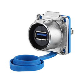 Alcasa IC01-24U302 Conector Industrial USB 3.0 A-A USB 3.2 Gen 1, IP65 IP67, Metal, para Transferencia de Datos hasta 5 Gbit/s, Color Azul y Plata