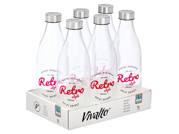 Vivalto Botella Tapón Acero Diseño Retro 1000ml Transparente/Plata 8x27x8cm (Set de 12) Vivalto Botella Tapón Acero Diseño Retro 1000ml Transparente/Plata 8x27x8cm (Set de 12)