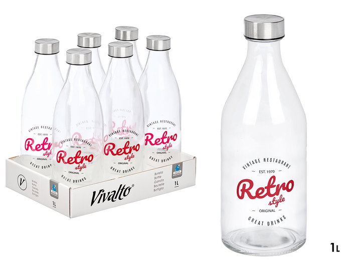 Vivalto Botella Tapón Acero Diseño Retro 1000ml Transparente/Plata 8x27x8cm (Set de 12) Vivalto Botella Tapón Acero Diseño Retro 1000ml Transparente/Plata 8x27x8cm (Set de 12)