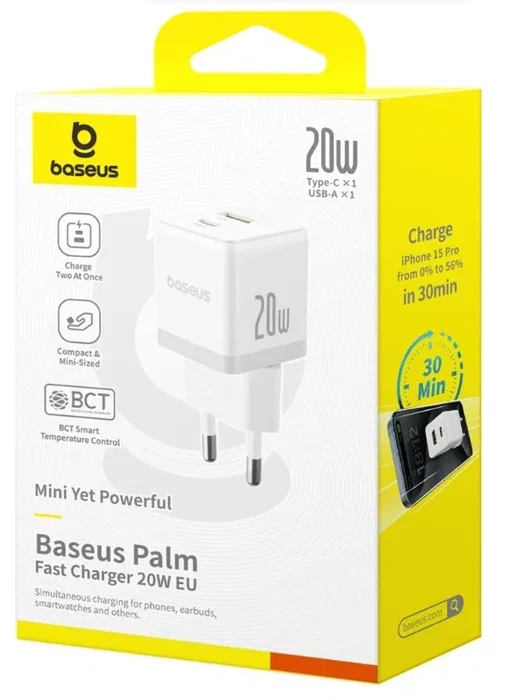 Baseus Palm Fast Charger 20W USB-C + USB-A Moon White Baseus Palm Fast Charger 20W USB-C + USB-A Moon White