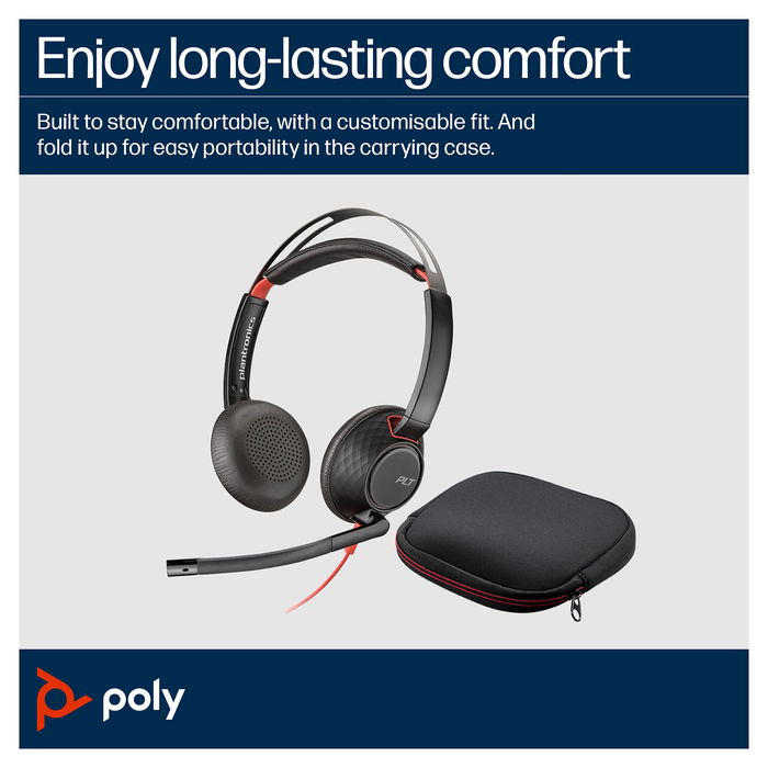 HP Poly Blackwire 5220 Auriculares Estéreo USB-C + 3,5mm, Alámbrico, 20-20000Hz, Micrófono Boom, Negro/Rojo