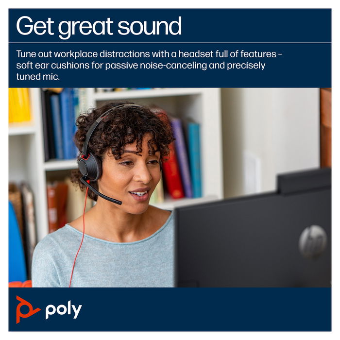 HP Poly Blackwire 5220 Auriculares Estéreo USB-C + 3,5mm, Alámbrico, 20-20000Hz, Micrófono Boom, Negro/Rojo
