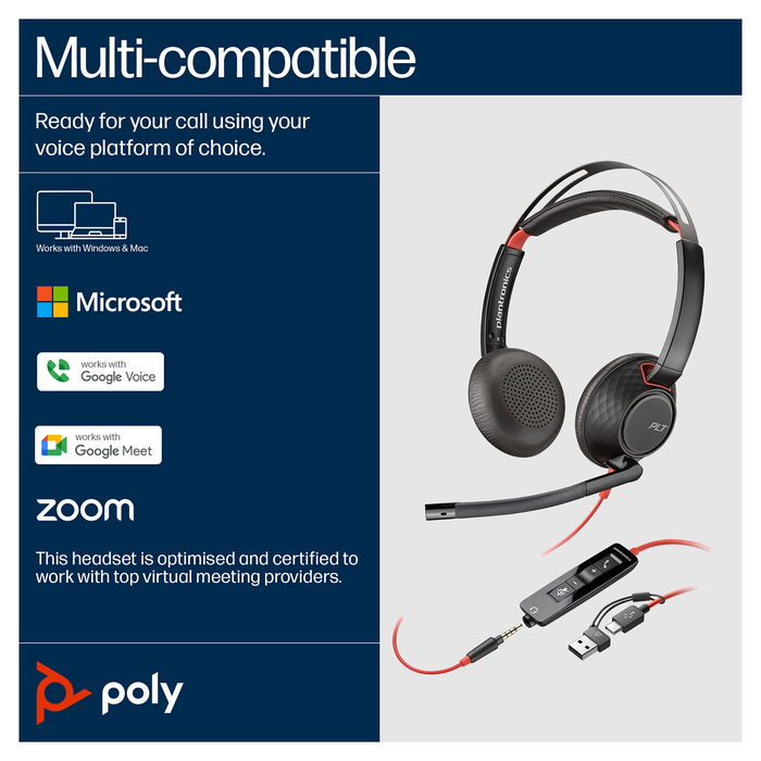 HP Poly Blackwire 5220 Auriculares Estéreo USB-C + 3,5mm, Alámbrico, 20-20000Hz, Micrófono Boom, Negro/Rojo