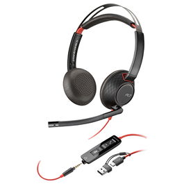 HP Poly Blackwire 5220 Auriculares Estéreo USB-C + 3,5mm, Alámbrico, 20-20000Hz, Micrófono Boom, Negro/Rojo