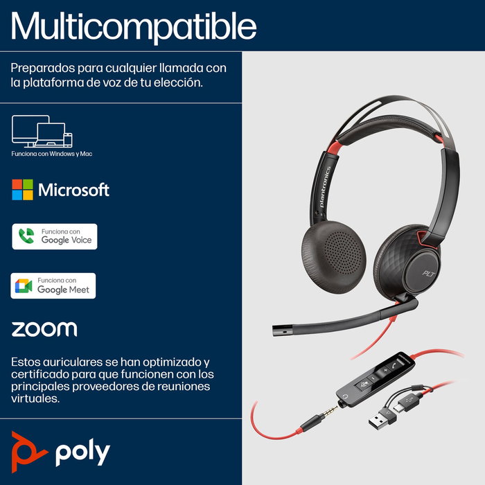 HP Poly Blackwire 5220 STEREO USB-C + Conector de 3,5 mm + Adaptador USB-C/A
