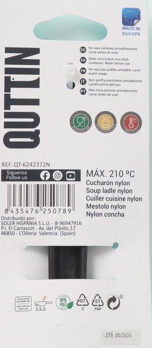 Inde - Cucharón de Nylon Negro 29 cm x 8 cm, resistente para cocina, modelo Quttin (24 Unidades)
