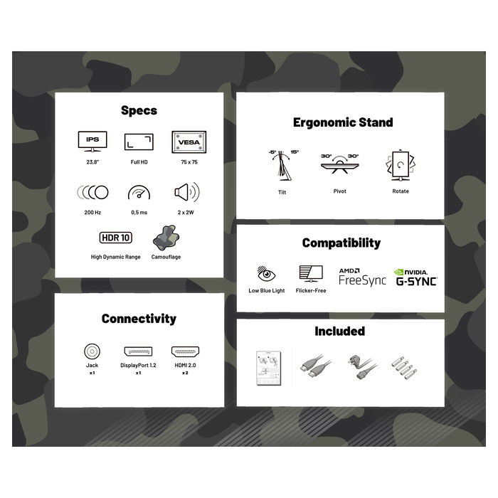 JAPANNEXT JN-IPS238FHD200F-HSP-CAMO Monitor Gaming IPS 60.45 cm (23.8 pulgadas) Full HD 200 Hz 0.5 ms AMD FreeSync Negro