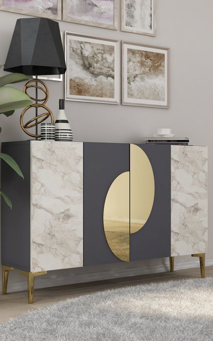 Hanah Home KM120 Consola Antracita, Mármol de Éfeso y Dorado, 120 cm