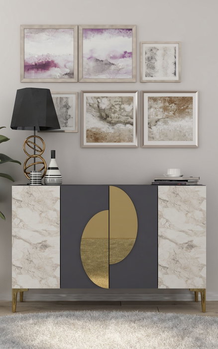 Hanah Home KM120 Consola Antracita, Mármol de Éfeso y Dorado, 120 cm