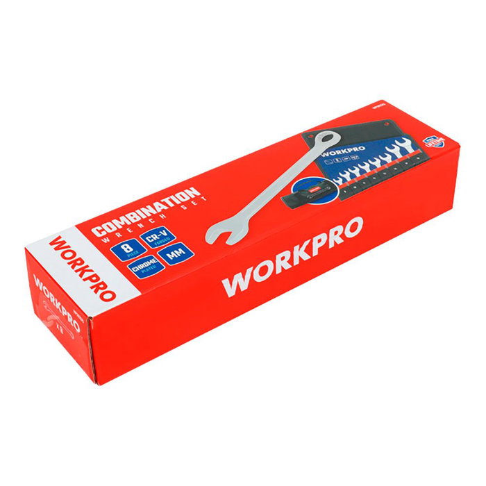 Workpro Juego de 8 Llaves Combinadas en Tamaños 8-19 mm de Acero Cromo Vanadio Forjado con Bolsa de Almacenamiento