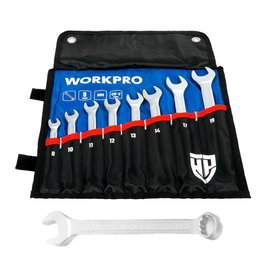 Workpro Juego de 8 Llaves Combinadas en Tamaños 8-19 mm de Acero Cromo Vanadio Forjado con Bolsa de Almacenamiento