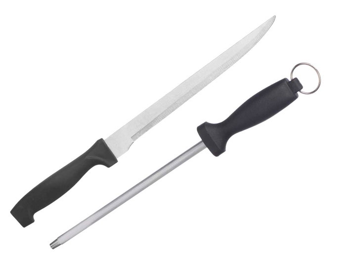 Kinvara Set Cuchillo Jamonero y Afilador, 33 cm + 28 cm, Metal y Plástico, Negro (Set de 12)
