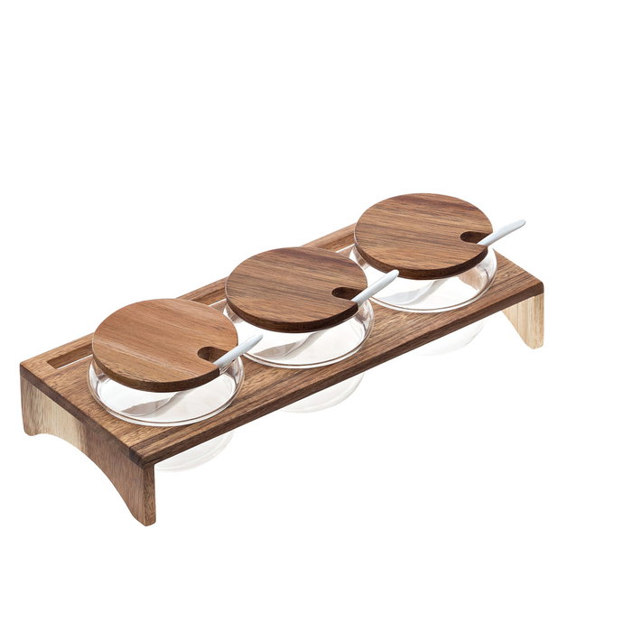 Leone Soporte con 3 Boles y Cucharas en Madera de Acacia, Melamina y Cristal 29.5x12.5x5 CM Leone Soporte con 3 Boles y Cucharas en Madera de Acacia, Melamina y Cristal 29.5x12.5x5 CM