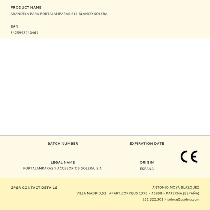 Solera Arandela para portalámparas E14 Blanco (para ref. 44045/44066) Termoplástico Interior