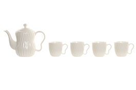 DKD Home Decor Set de 6 Piezas Pengjia 25 Tazas de Porcelana y Bambú Blanco/Marrón Oscuro 23x19x28 cm