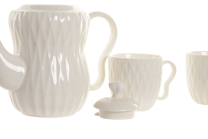 DKD Home Decor Set de 6 Piezas Pengjia 25 Tazas de Porcelana y Bambú Blanco/Marrón Oscuro 23x19x28 cm