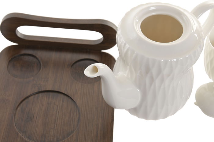 DKD Home Decor Set de 6 Piezas Pengjia 25 Tazas de Porcelana y Bambú Blanco/Marrón Oscuro 23x19x28 cm