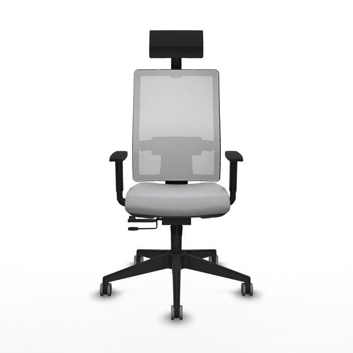 Silla de oficina Horna con mecanismo Sincro/Traslack tapizada con Tela color Gris claro y malla color Blanco. Equipada con lumbar 1D, Brazos 1D, Cabecero Fijo y Ruedas 65 mm parqué