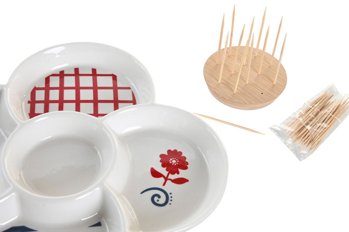 DKD Home Decor Bandeja de Aperitivo Gres y Bambú Casitas Azul 22x22x7 cm DKD Home Decor Bandeja de Aperitivo Gres y Bambú Casitas Azul 22x22x7 cm