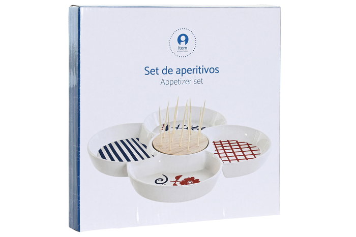 DKD Home Decor Bandeja de Aperitivo Gres y Bambú Casitas Azul 22x22x7 cm DKD Home Decor Bandeja de Aperitivo Gres y Bambú Casitas Azul 22x22x7 cm