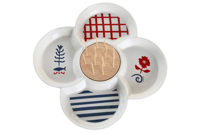 DKD Home Decor Bandeja de Aperitivo Gres y Bambú Casitas Azul 22x22x7 cm DKD Home Decor Bandeja de Aperitivo Gres y Bambú Casitas Azul 22x22x7 cm