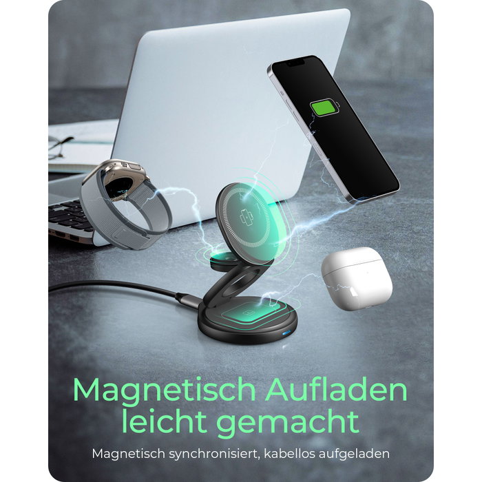 ICY BOX IB-SH101-CH Cargador Magnetizado Plegable 3 en 1 15W para Apple Watch, iPhone y AirPods con MagSafe, Cable USB-C de 1 m, Color Gris Antracita ICY BOX IB-SH101-CH Cargador Magnetizado Plegable 3 en 1 15W para Apple Watch, iPhone y AirPods con MagSafe, Cable USB-C de 1 m, Color Gris Antracita