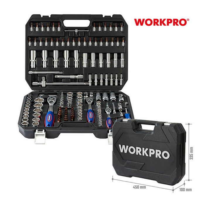 Workpro Juego de Herramientas Mecánico 172 Piezas con 3 Carracas Reversibles 72 Dientes (1/4", 3/8", 1/2"), Llaves de Vaso, Puntas Torx y Allen, Maletín