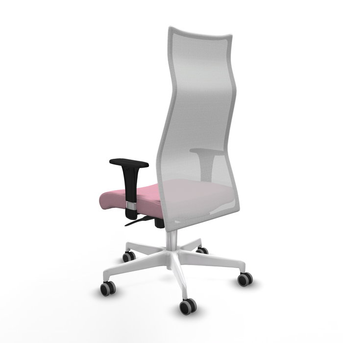 Sillón Albacete con mecanismo Sincro tapizada con Tela color Rosa y malla color Blanco. Equipado con Base poliamida blanca, Brazos 1D y Ruedas 65 mm parqué