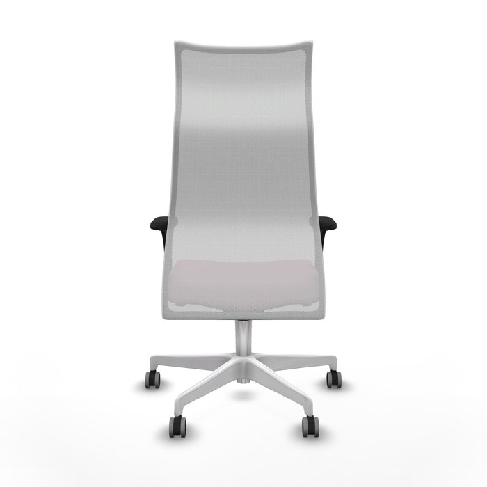 Sillón Albacete con mecanismo Sincro tapizada con Tela color Rosa y malla color Blanco. Equipado con Base poliamida blanca, Brazos 1D y Ruedas 65 mm parqué