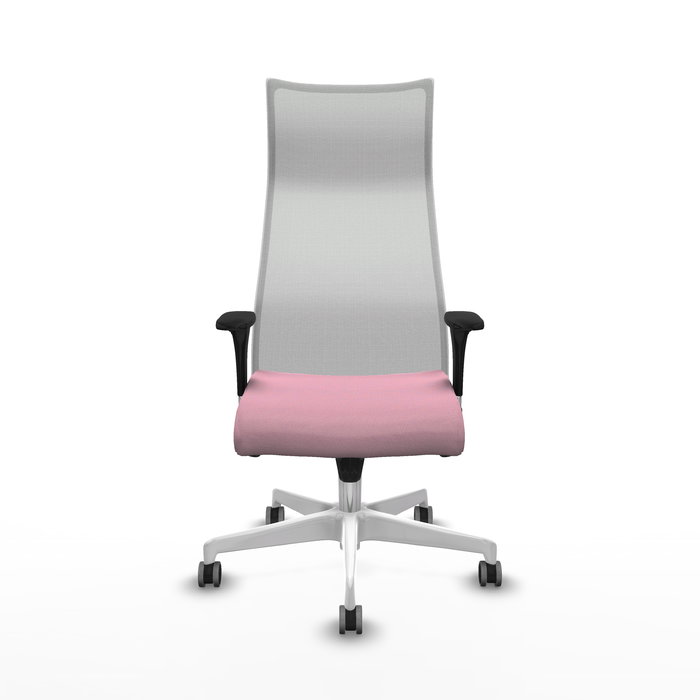 Sillón Albacete con mecanismo Sincro tapizada con Tela color Rosa y malla color Blanco. Equipado con Base poliamida blanca, Brazos 1D y Ruedas 65 mm parqué