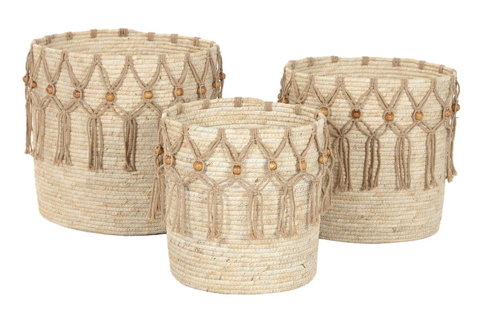 DKD Home Decor Set de 3 Cestas de Fibra y Algodón Natural DKD Home Decor Set de 3 Cestas de Fibra y Algodón Natural