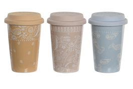 DKD Home Decor Set de 6 Tazas Bandana Pastel Surtidas en Azul, Rosa y Amarillo