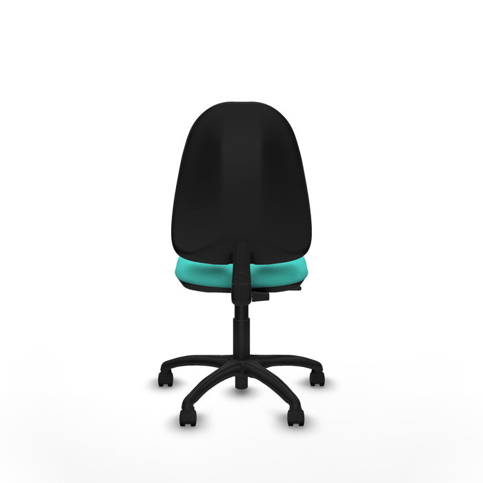 Silla de oficina Algarra con mecanismo Contacto permanente básico tapizada con Similpiel color Turquesa. Equipada con Base poliamida negra, Sin brazos y Ruedas de nailon 50 mm