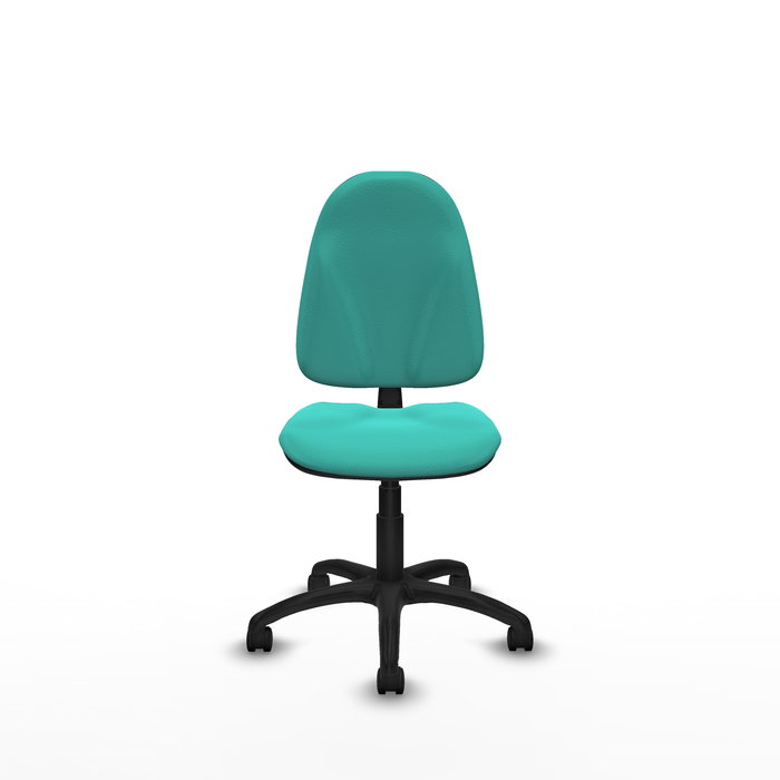 Silla de oficina Algarra con mecanismo Contacto permanente básico tapizada con Similpiel color Turquesa. Equipada con Base poliamida negra, Sin brazos y Ruedas de nailon 50 mm