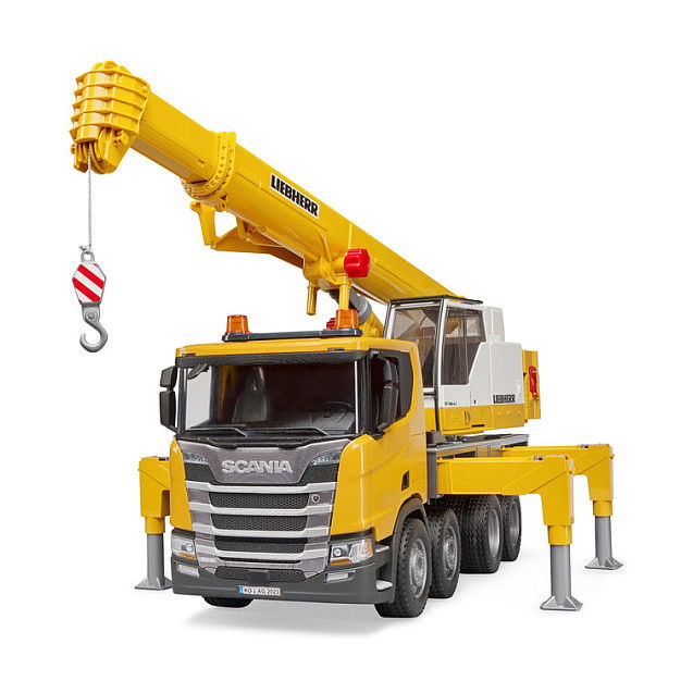 BRUDER - Camión Grúa de Juguete con Sonido y Efectos Sonoros, Escala 1:16, Color Negro, Blanco y Amarillo, 3 Años en Adelante - Modelo 03571