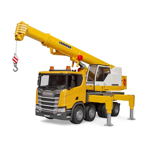 BRUDER - Camión Grúa de Juguete con Sonido y Efectos Sonoros, Escala 1:16, Color Negro, Blanco y Amarillo, 3 Años en Adelante - Modelo 03571