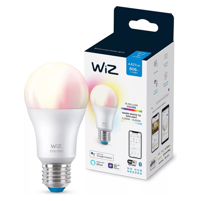 Telekom Bombilla Inteligente WiZ 8W (Equiv. 60W) RGB Multicolor, E27, A60, Control por Voz, Wi-Fi/Bluetooth, 220-240V, 806 lm
