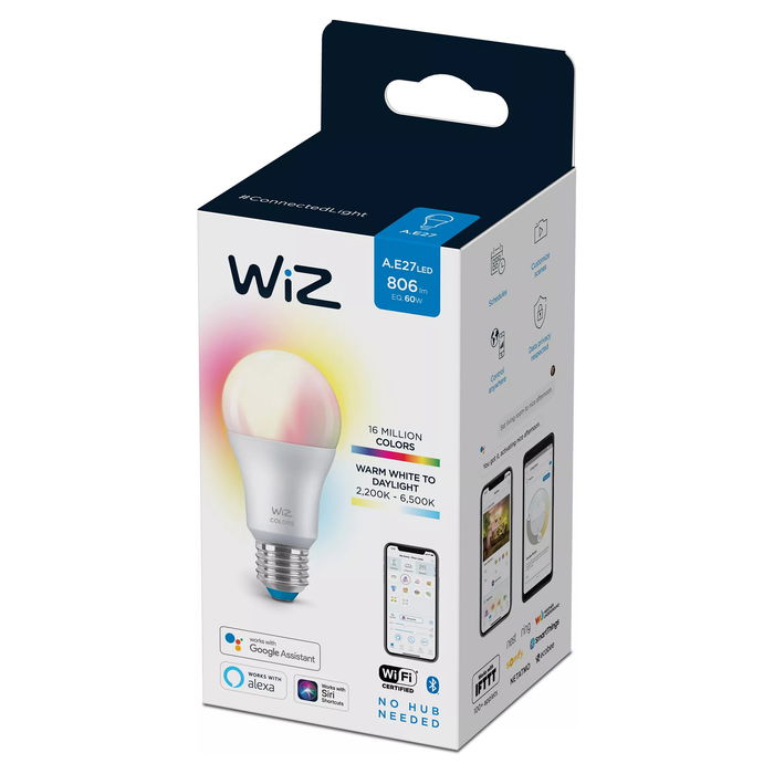 Telekom Bombilla Inteligente WiZ 8W (Equiv. 60W) RGB Multicolor, E27, A60, Control por Voz, Wi-Fi/Bluetooth, 220-240V, 806 lm