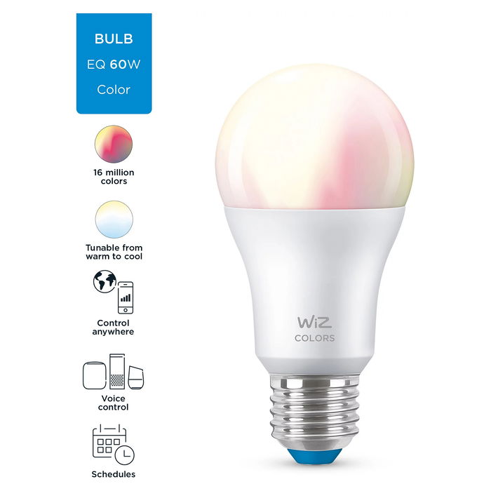 Telekom Bombilla Inteligente WiZ 8W (Equiv. 60W) RGB Multicolor, E27, A60, Control por Voz, Wi-Fi/Bluetooth, 220-240V, 806 lm