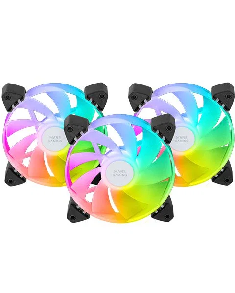 Mars Gaming MF-3AR Kit 3 Ventiladores PC ARGB 120mm Reversed, Negro, Aspas Invertidas, Iluminación 360°, FDB Silencioso, Compatible con Aura Sync, Mystic Light, RGB Fusion
