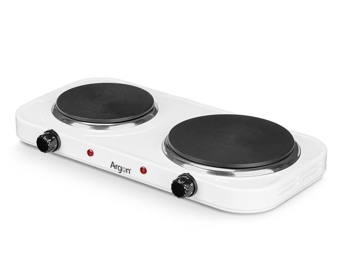 Argon Hornillo Eléctrico Doble Blanco 2500W con Placas Calefactoras, Regulador de Temperatura, Dimensiones 48x7x26 cm (Set de 4)