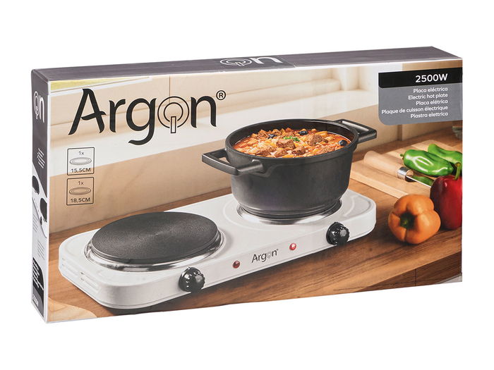 Argon Hornillo Eléctrico Doble Blanco 2500W con Placas Calefactoras, Regulador de Temperatura, Dimensiones 48x7x26 cm (Set de 4)