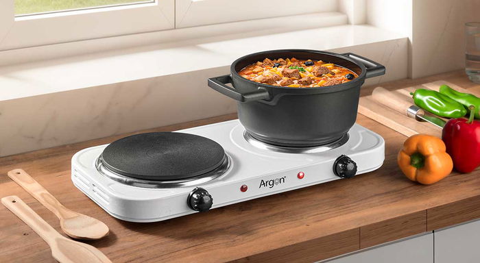 Argon Hornillo Eléctrico Doble Blanco 2500W con Placas Calefactoras, Regulador de Temperatura, Dimensiones 48x7x26 cm (Set de 4)