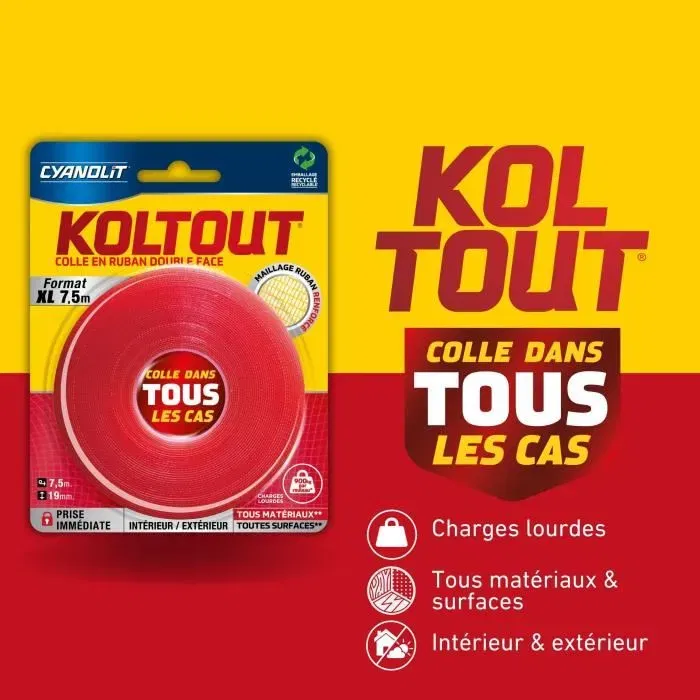 Cyanolit Cinta Koltout XL CYA3045205074958 Cinta Adhesiva de Doble Cara Alta Adherencia Discreta y Duradera 7,5 m x 19 mm