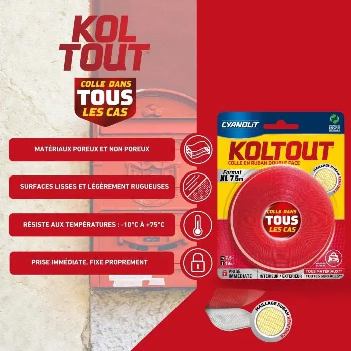 Cyanolit Cinta Koltout XL CYA3045205074958 Cinta Adhesiva de Doble Cara Alta Adherencia Discreta y Duradera 7,5 m x 19 mm