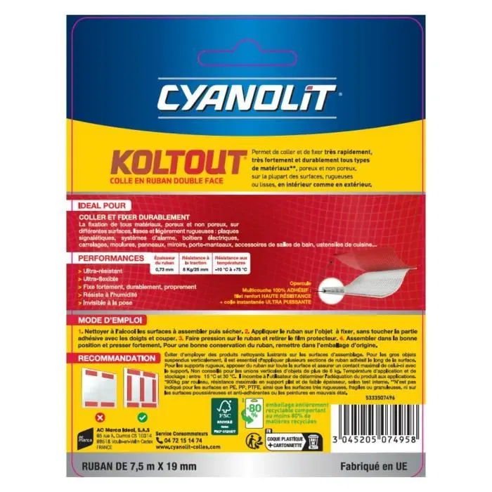 Cyanolit Cinta Koltout XL CYA3045205074958 Cinta Adhesiva de Doble Cara Alta Adherencia Discreta y Duradera 7,5 m x 19 mm