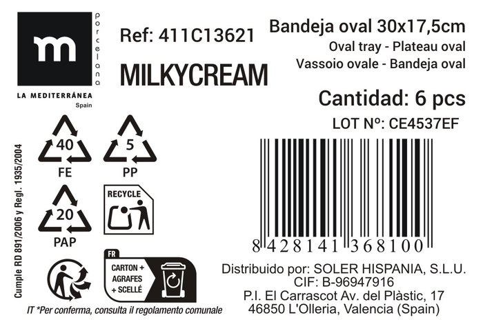 La Mediterranea Bandeja Oval Milkycream 30x17.5x3.2cm MD (Pack de 12)