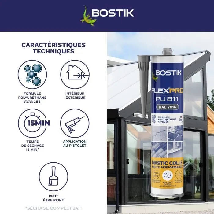 Bostik PU811 Sellador/adhesivo para Todos los Materiales, Interior/exterior, Antracita RAL7016 - 300 ml