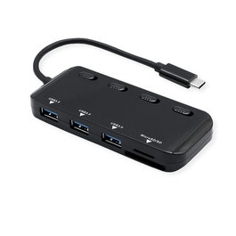 ROLINE USB 3.2 Gen 1 Hub 3 Puertos Tipo A, Lector de Tarjetas MicroSD, Interfaz Tipo C, Conmutación Individual, Negro, 105mm